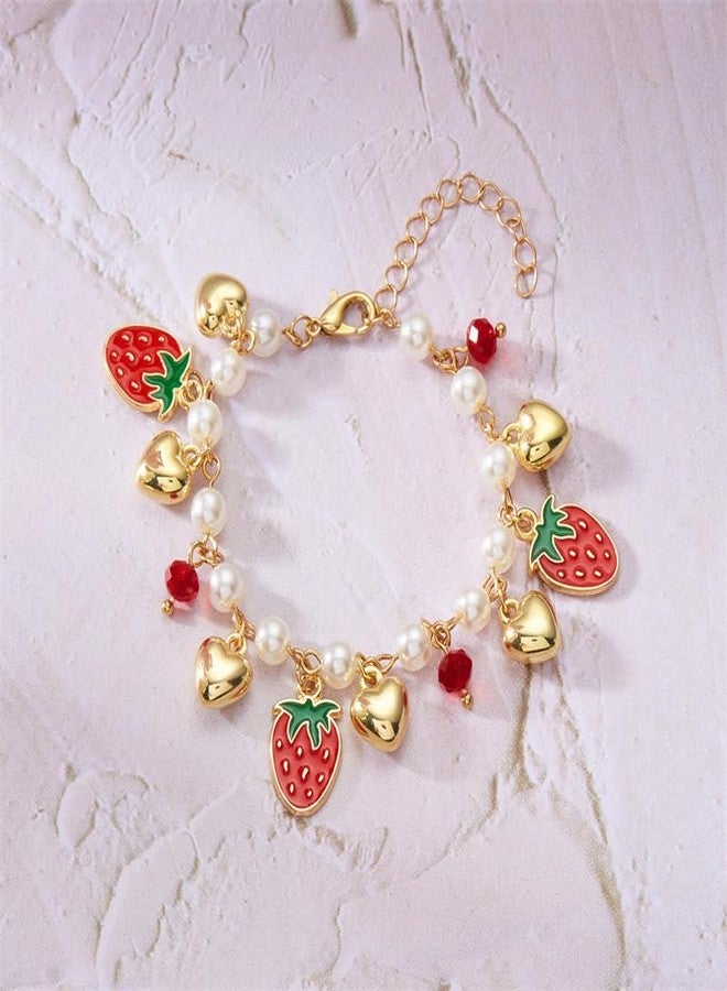 SCRDPRAD 3D Strawberry Cherry Heart Pearl Beaded Bracelet for Women Cute Summer Fruit Bracelets Adjustable Love Fashion Charm Jewelry for Couple Best Friends (Strawberry) - Image 2